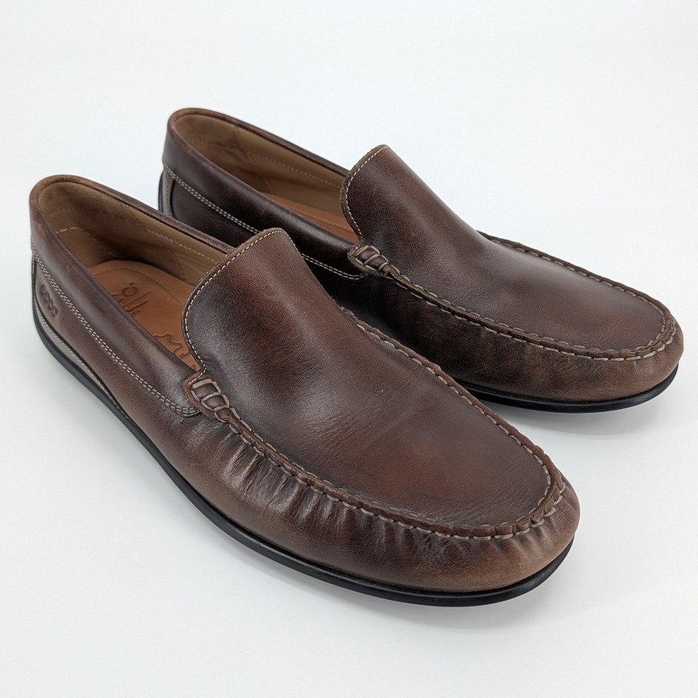 ECCO Men's Brown Leather Driving Loafers Slip On Moc Toe Shoes Size 47 - Picture 2 of 8